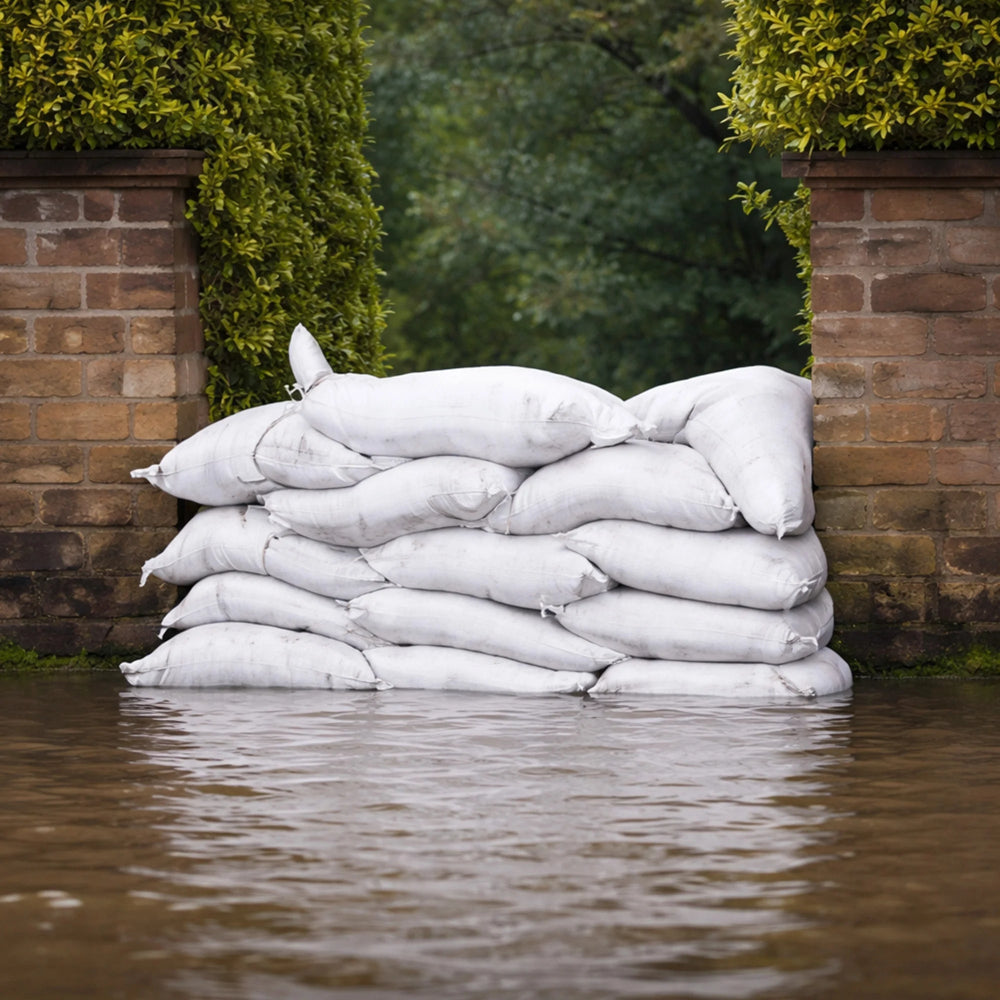Stack of sandbags against a brick wall with water in the foreground