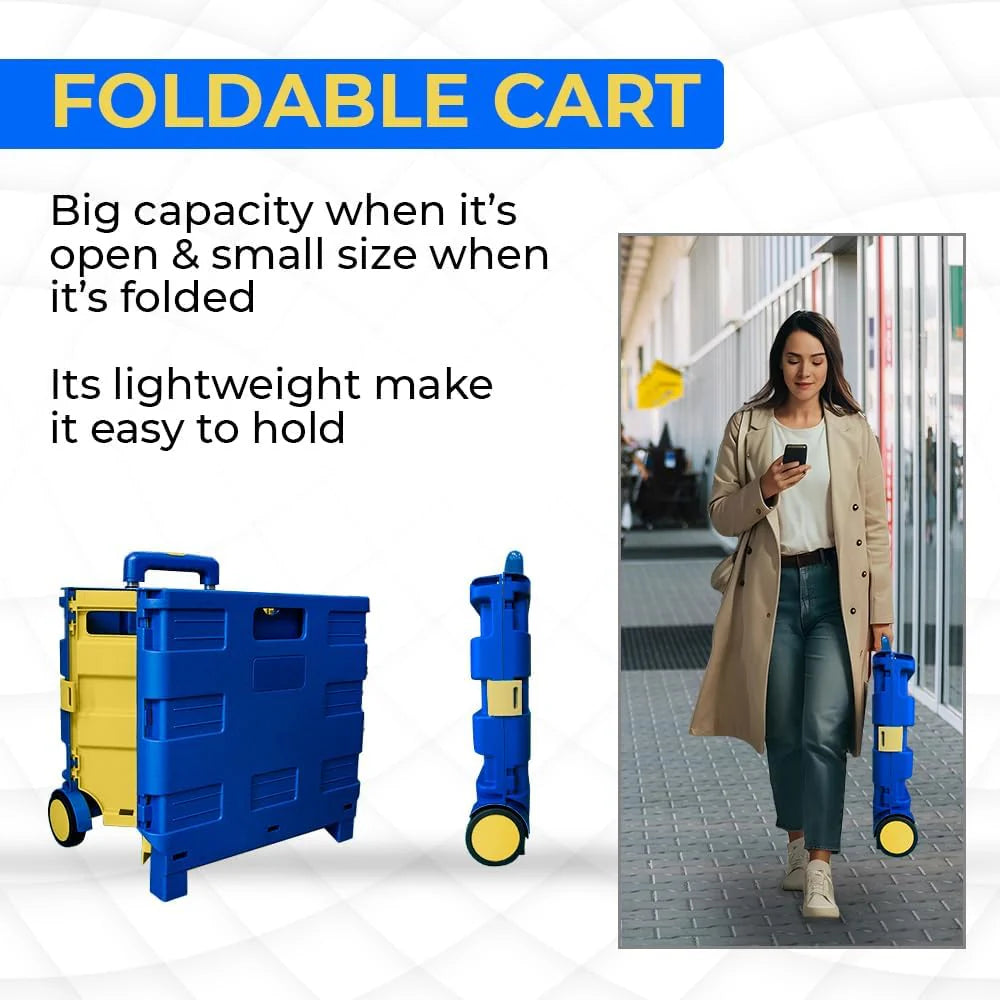 40-KG Foldable Shopping Trolley - Blue and Yellow │40 KG Plastic Trolley Cart with 2 Wheels