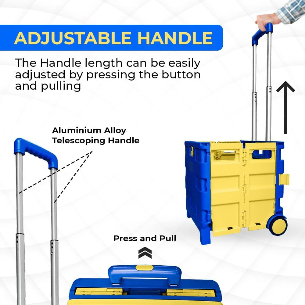 40-KG Foldable Shopping Trolley - Blue and Yellow │40 KG Plastic Trolley Cart with 2 Wheels