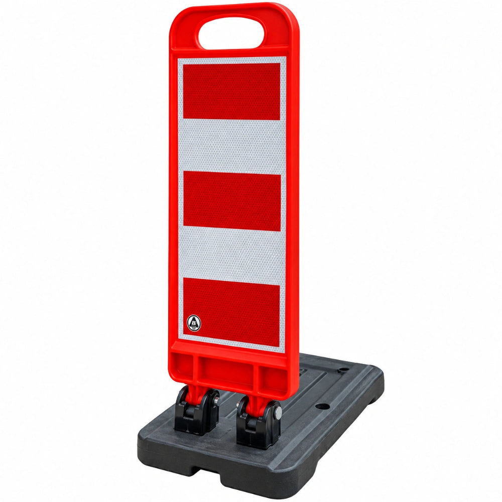 A red and white reflective safety barrier