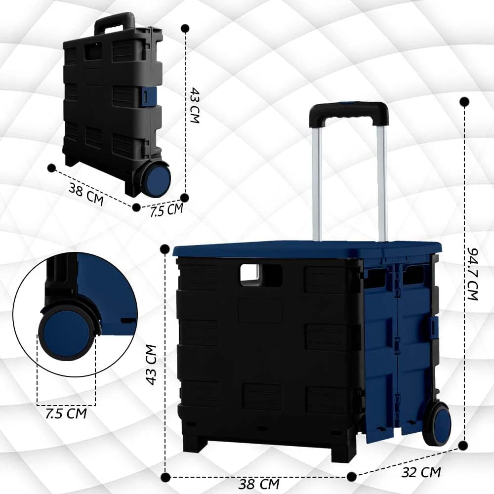 40KG Foldable Shopping Trolley - Blue and Black │40 KG Plastic Trolley Cart with 2 Wheels