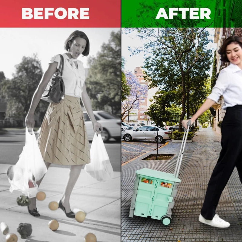 Foldable Shopping Trolley Mint Green & Grey | 30KG Plastic Utility Cart