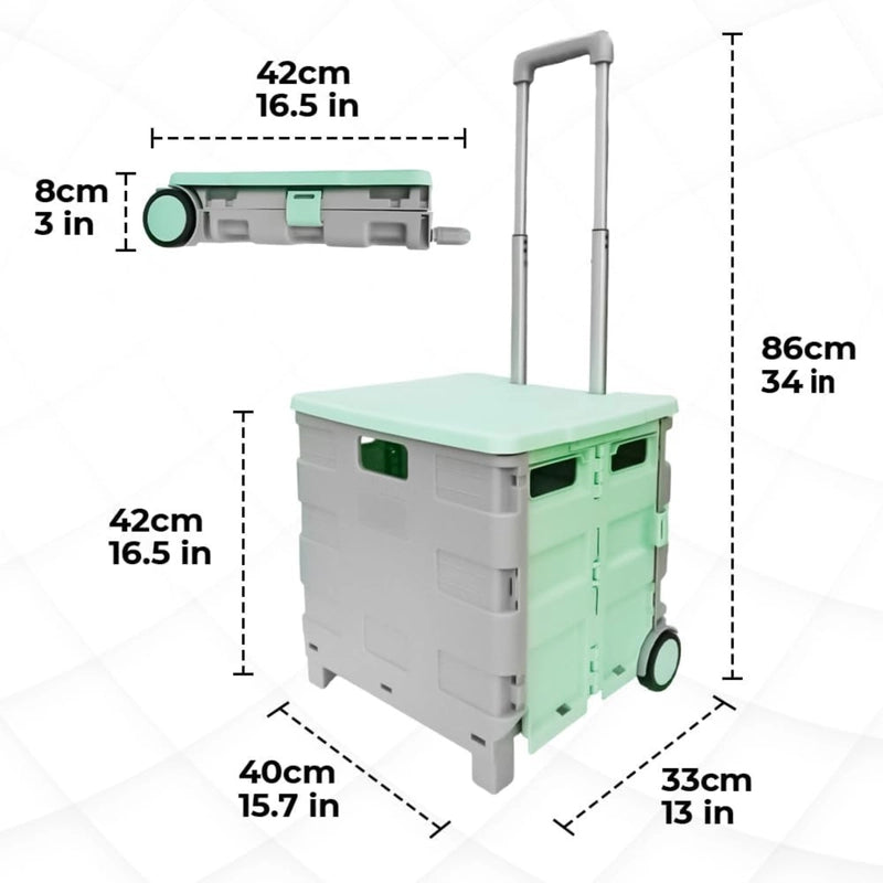 Foldable Shopping Trolley Mint Green & Grey | 30KG Plastic Utility Cart