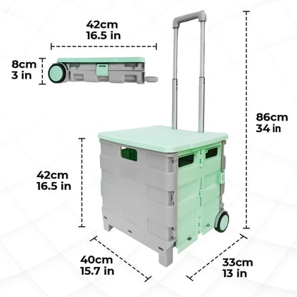 Foldable Shopping Trolley Mint Green & Grey | 30KG Plastic Utility Cart