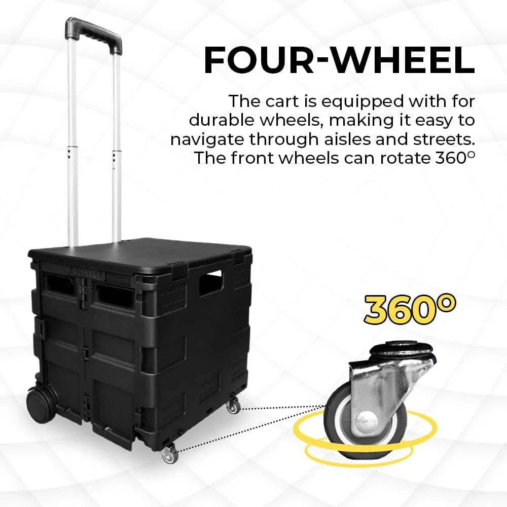 40KG Foldable Utility Cart - Black │40KG Multipurpose Shopping Trolley with 4 Wheels