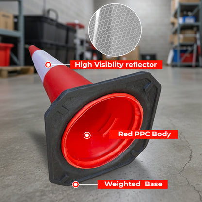 Heavy duty 100cm red reflective traffic cone with weighted base for long term use