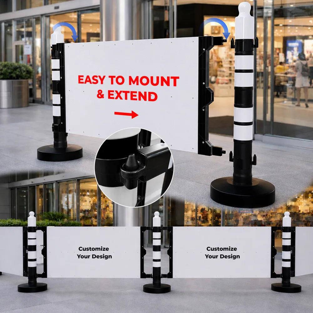 Modular barrier with black post and customizable sign panel for safety and warning messages