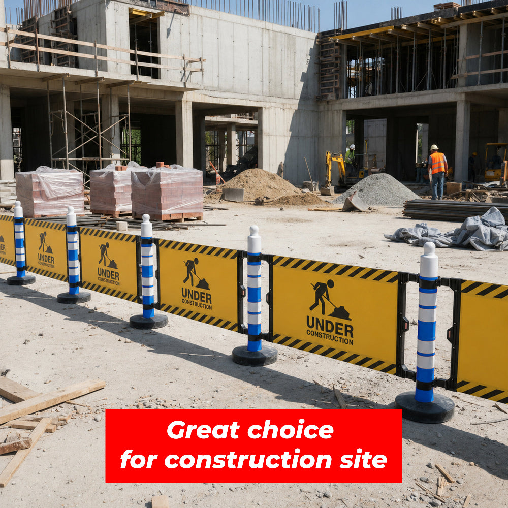 Modular barrier with blue post and customizable sign panel for safety and warning messages