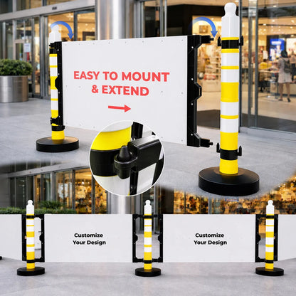 Modular barrier with yellow post and customizable sign panel for safety and warning messages