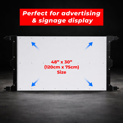 Modular safety barrier with blue post and custom sign panel for construction and public areas