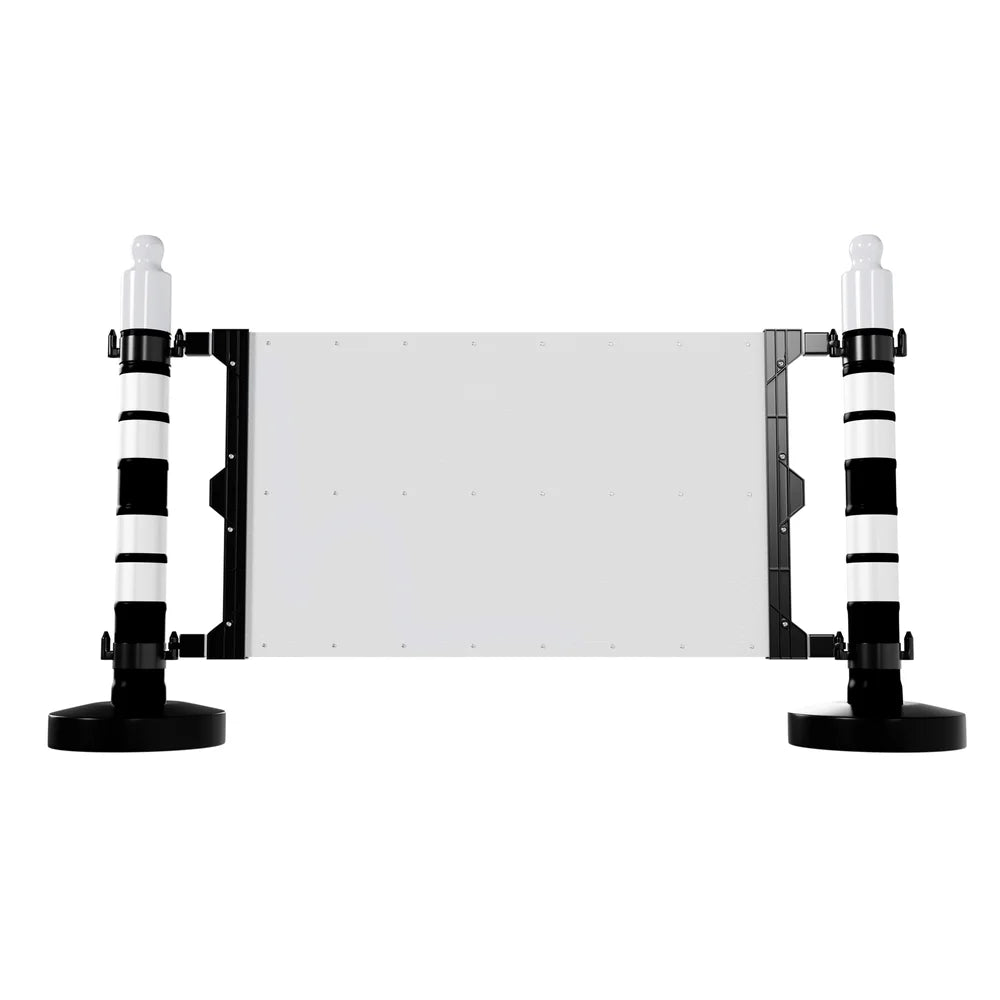 Modular safety barrier with customizable sign panel and black post for traffic and crowd control