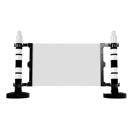 Modular safety barrier with customizable sign panel and black post for traffic and crowd control
