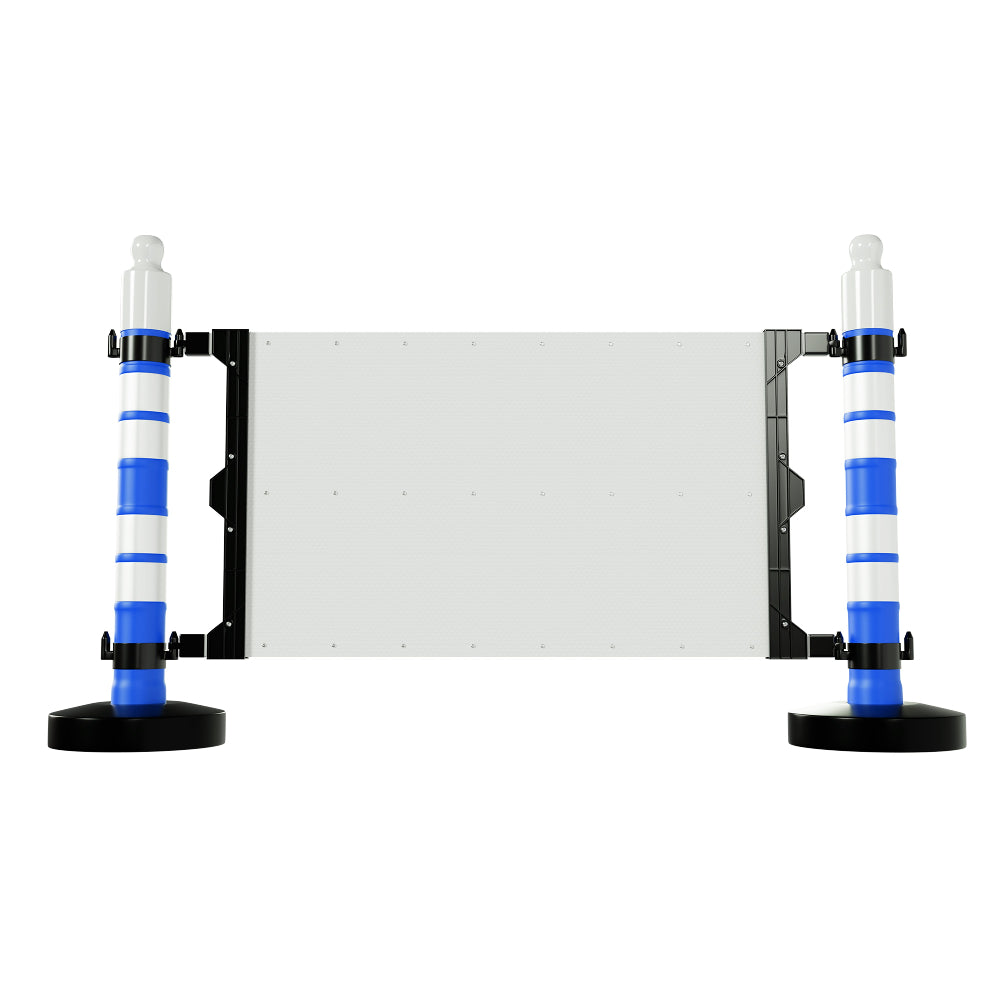 Modular safety barrier with customizable sign panel and blue post for traffic and crowd control