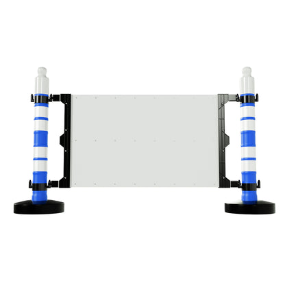 Modular safety barrier with customizable sign panel and blue post for traffic and crowd control