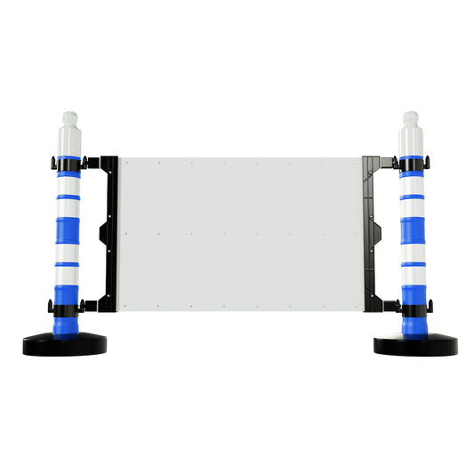 Modular safety barrier with customizable sign panel and blue post for traffic and crowd control