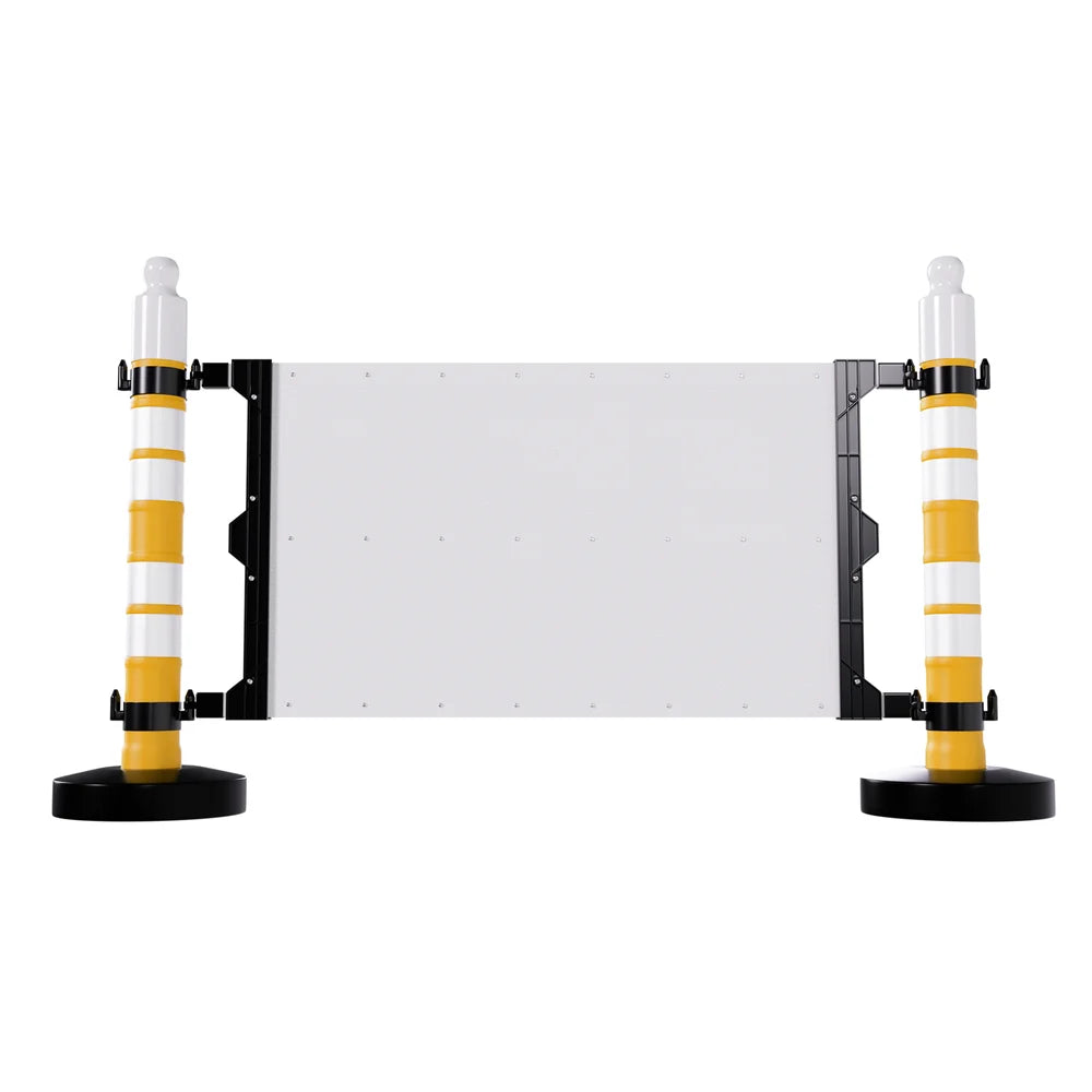 Modular safety barrier with customizable sign panel and yellow post for traffic and crowd control