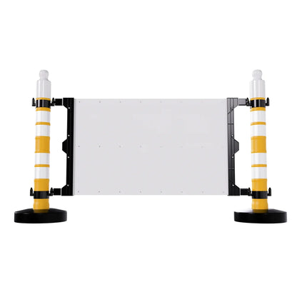 Modular safety barrier with customizable sign panel and yellow post for traffic and crowd control