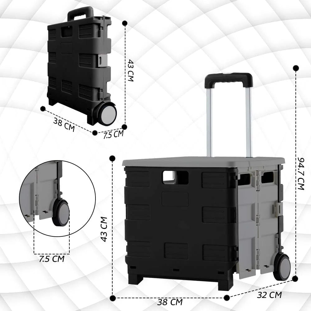 40-KG Foldable Shopping Trolley - Grey and Black│40 KG Plastic Trolley Cart with 2 Wheels