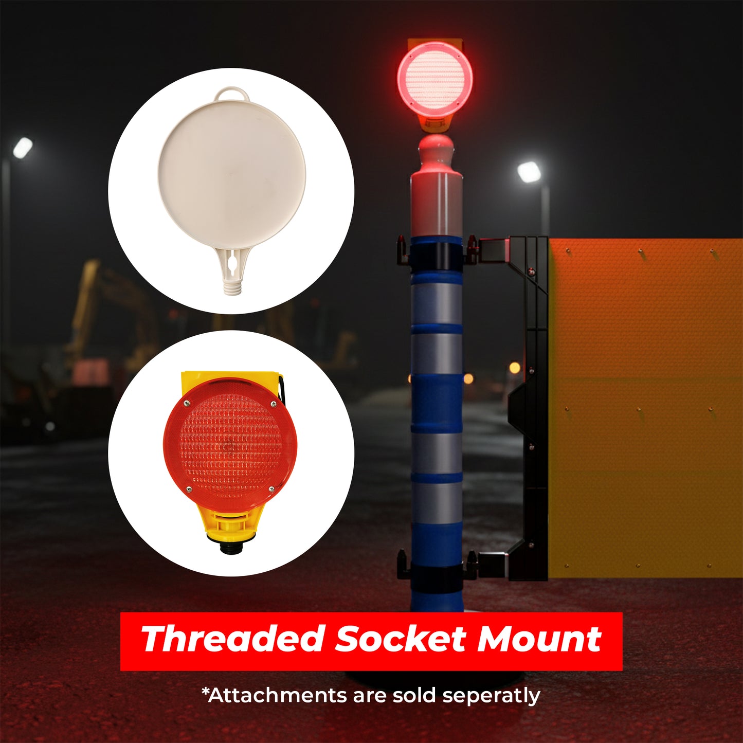Portable safety barrier with customizable sign panel and blue post for quick setup