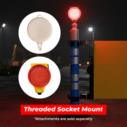 Portable safety barrier with customizable sign panel and blue post for quick setup