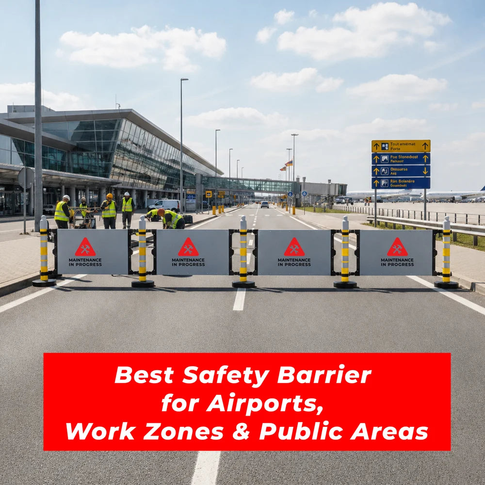 Portable safety barrier with customizable sign panel and yellow post for quick setup