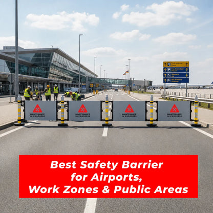 Portable safety barrier with customizable sign panel and yellow post for quick setup