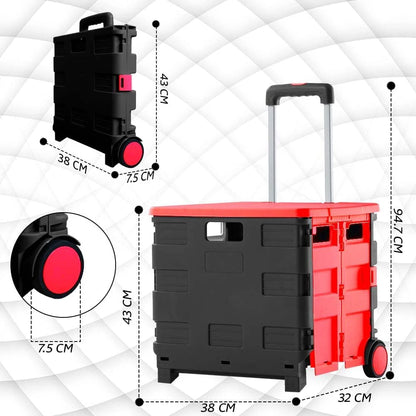 40KG Foldable Shopping Trolley - Red and Black│40 KG Plastic Trolley Cart with 2 Wheels