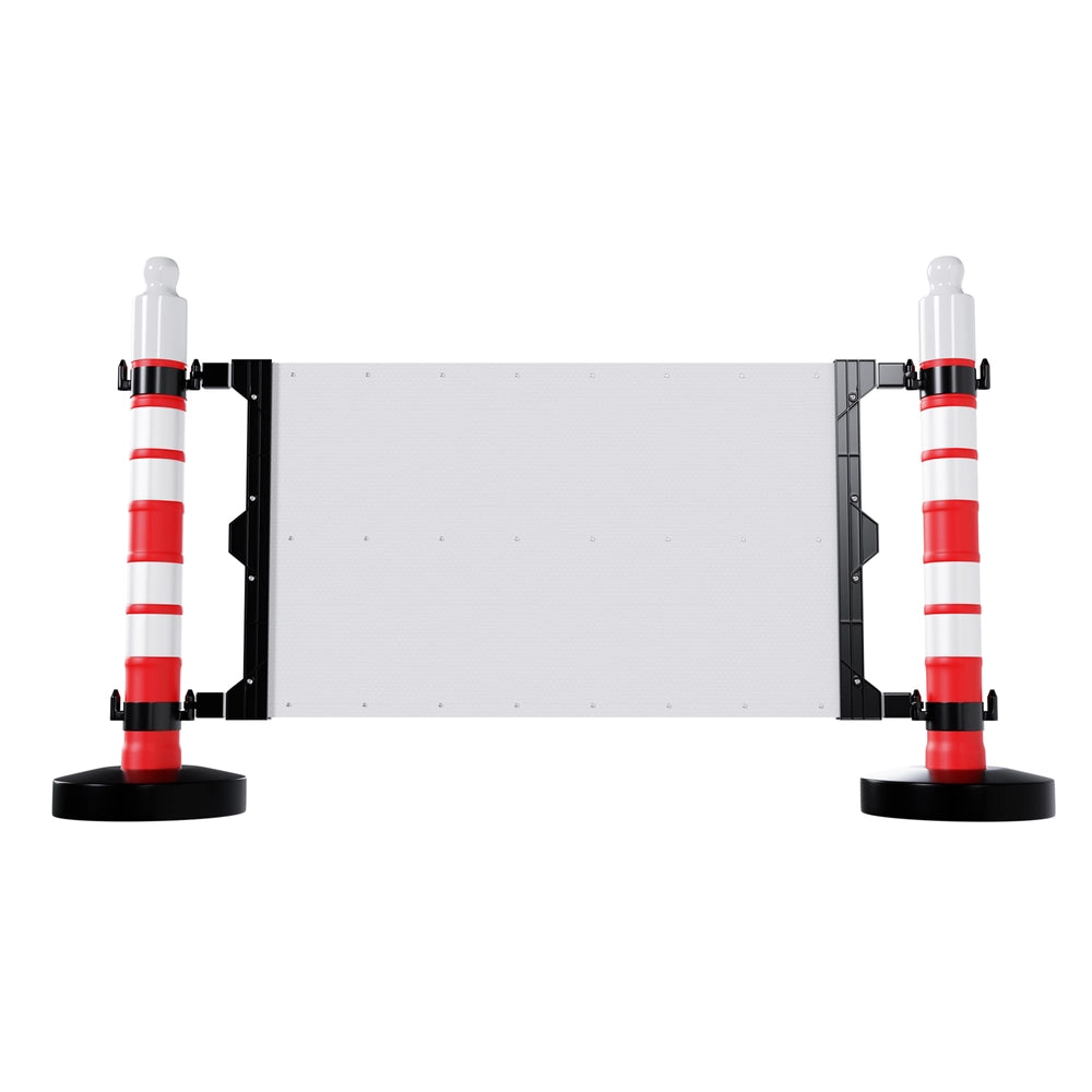 Two red and white traffic safety barrier with black bases on a white background
