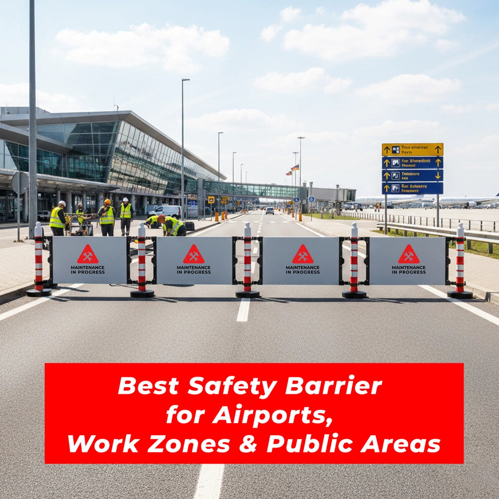 Safety barrier with labeled features on a gray background