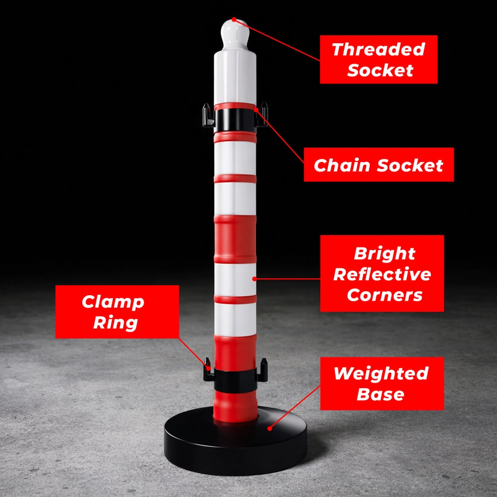 Red and white striped pole with labeled parts on a black background