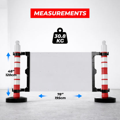 Measurement chart for a red and white striped object with labeled dimensions and weight on a gray background.