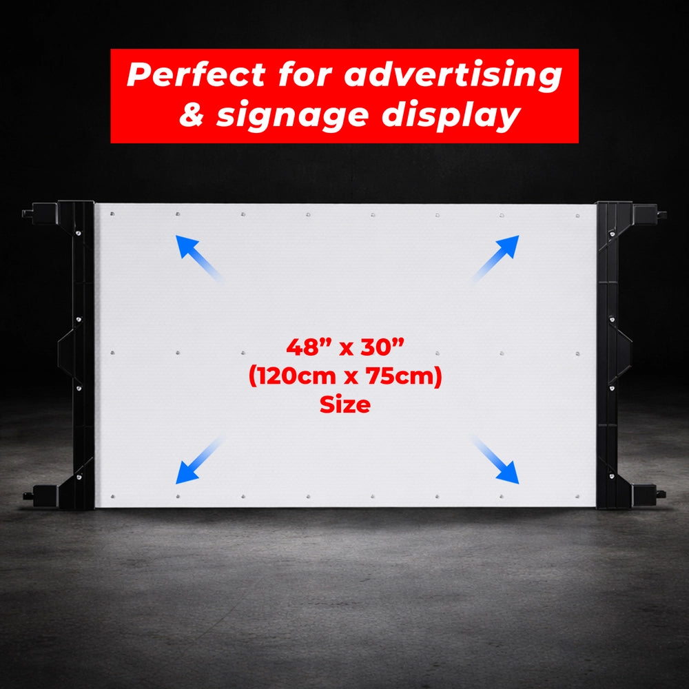 Large white board with dimensions and text about advertising and signage display on a dark background