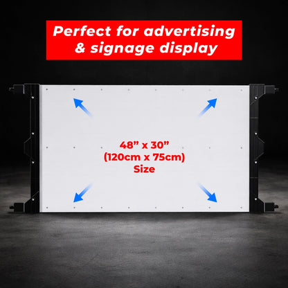 Large white board with dimensions and text about advertising and signage display on a dark background