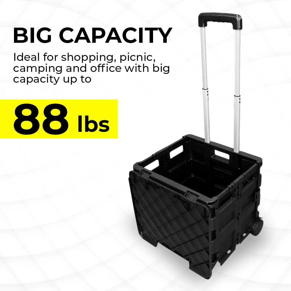 40KG Foldable Utility Cart - Black │40KG Multipurpose Shopping Trolley with 4 Wheels