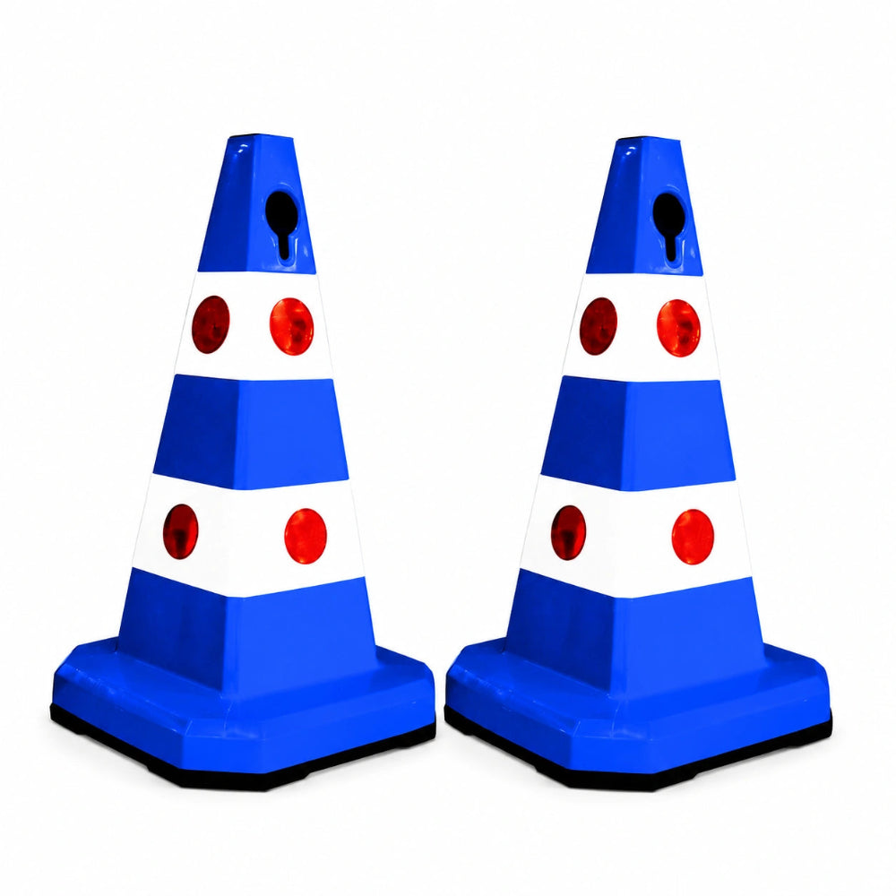 Two blue and white traffic safety cones 