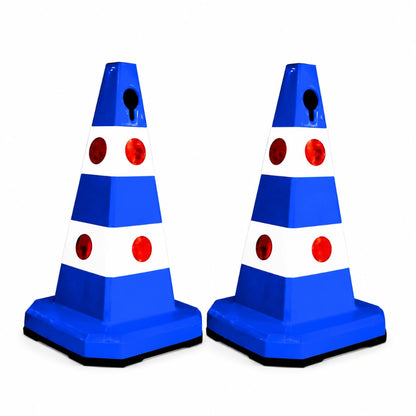 Two blue and white traffic safety cones 