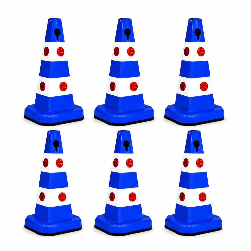 Six blue and white plastic traffic safety cones 