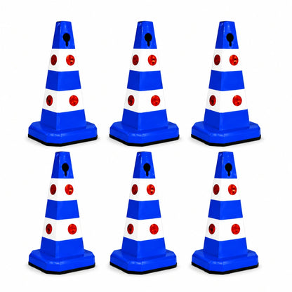 Six blue and white plastic traffic safety cones 