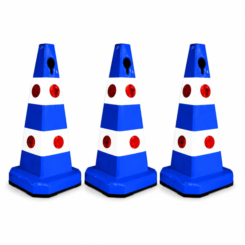 Three blue and white traffic safety cones 