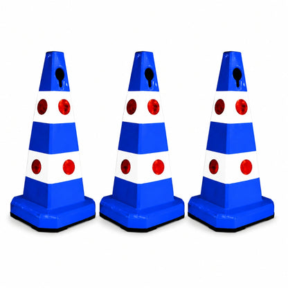 Three blue and white traffic safety cones 