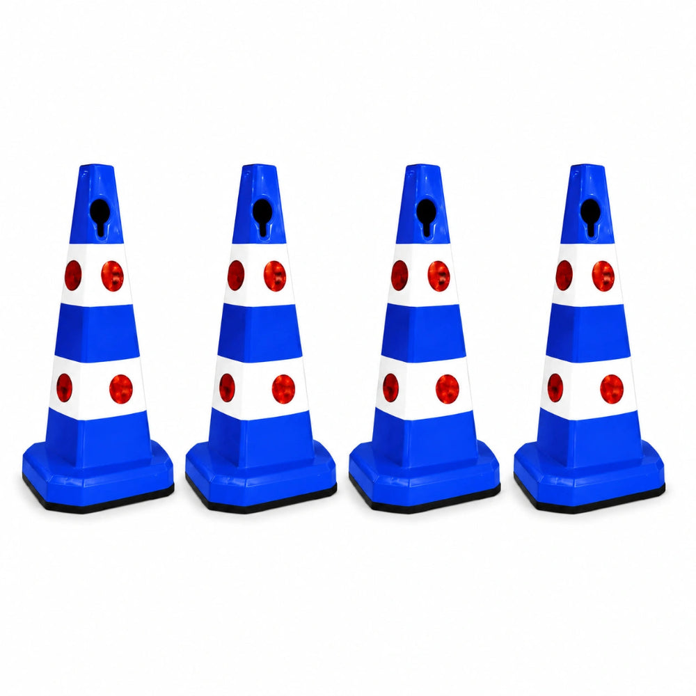 Four blue and white traffic safety cones 
