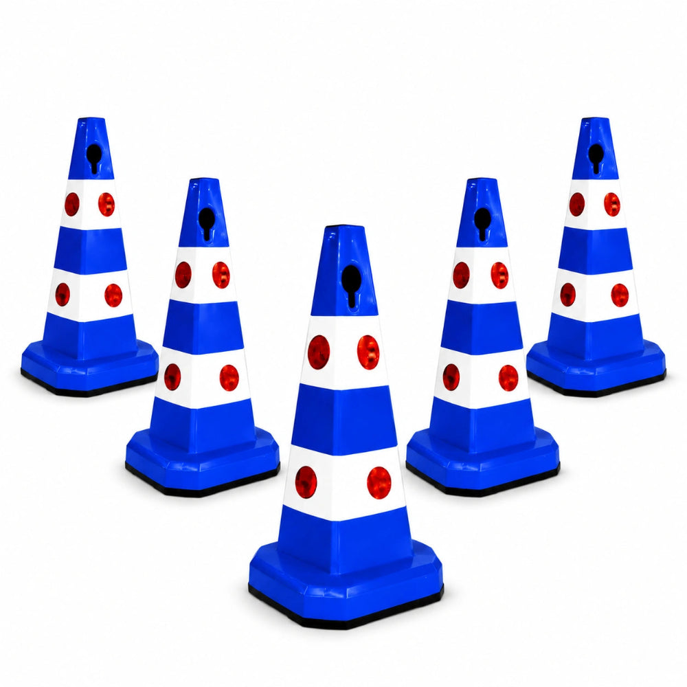 Five blue and white traffic safety cones 