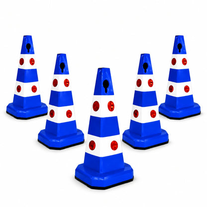 Five blue and white traffic safety cones 
