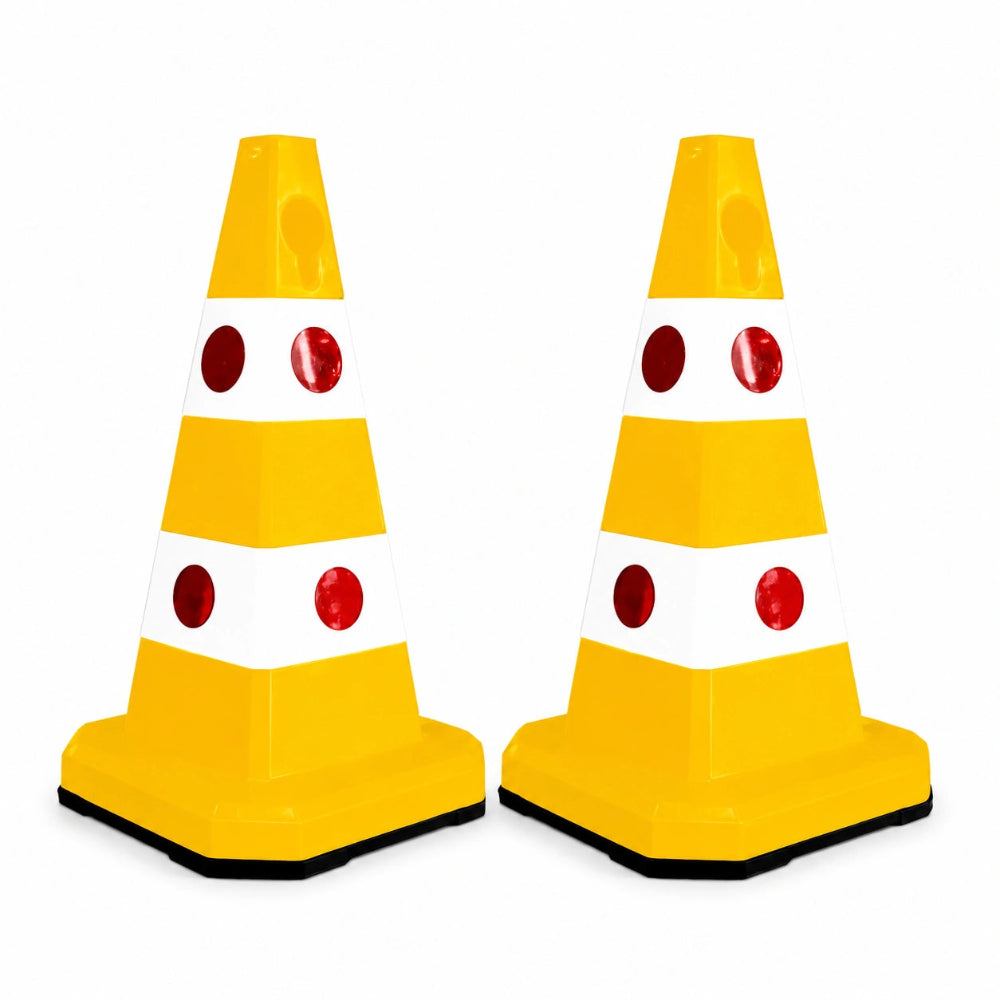 Two yellow and white traffic safety cones 