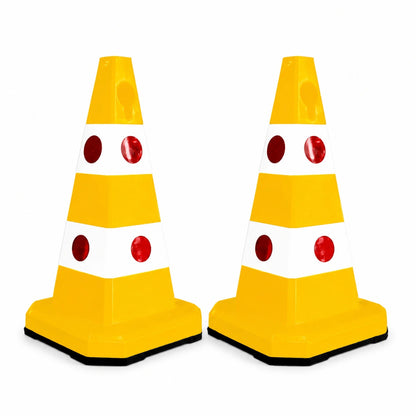 Two yellow and white traffic safety cones 