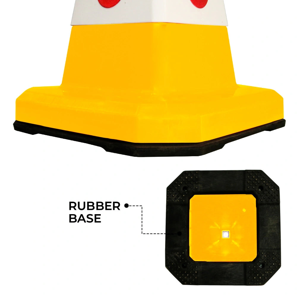 A yellow and white traffic-style safety cone 