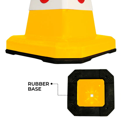 A yellow and white traffic-style safety cone 