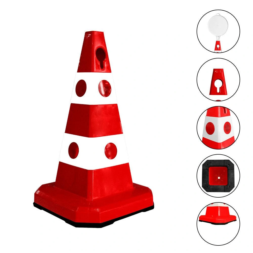 A red and white traffic safety cone with circular reflective markings, 