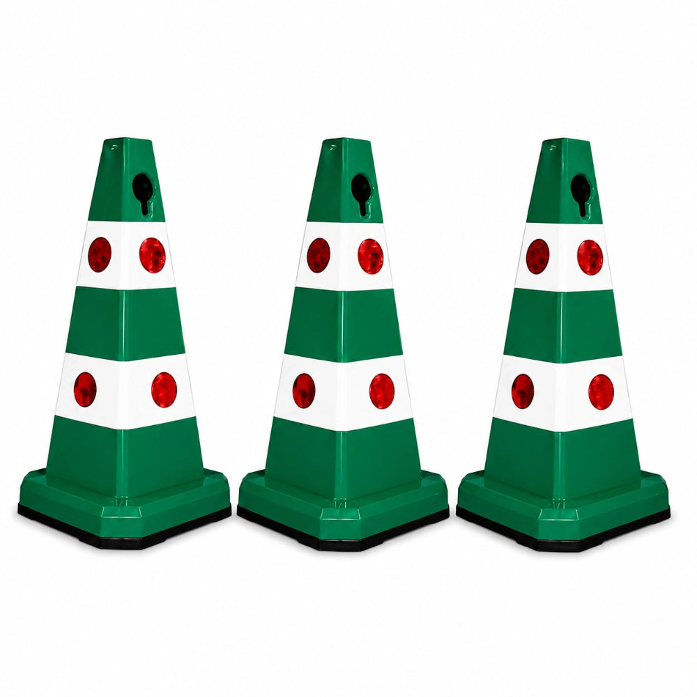 Three green and white traffic safety cones 