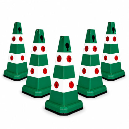 Five green and white traffic safety cones 